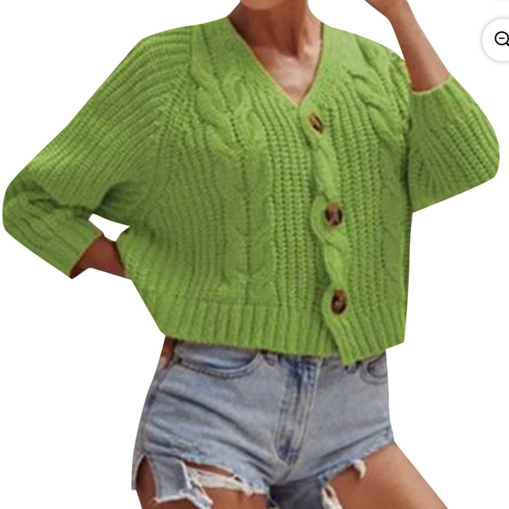 NEW Vibrant Green Chunky Knit Cardigan Sweater